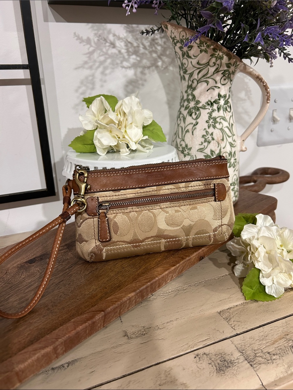 Coach Signature Canvas Wristlet in Beige and Brown Leather